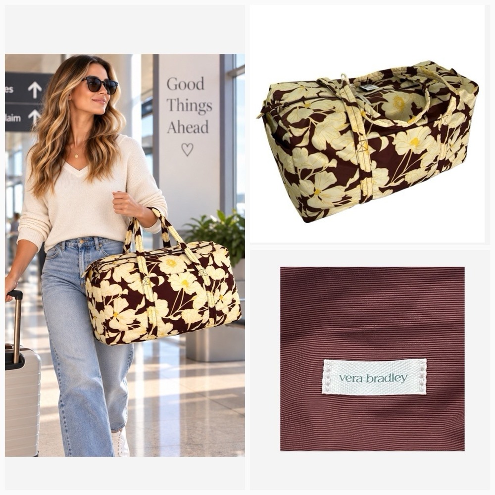 NWT Vera Bradley Large Original Duffel Bag Smooth Nylon Floral Brown Travel NEW!